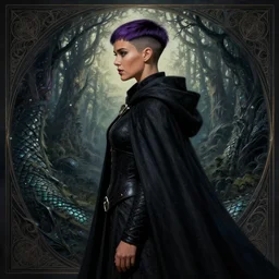 side portrait jessica alba as dark witch, adventurer outfit large cloak, fantasy forest landscape, dragon scales, fantasy magic, undercut hairstyle, short purple black fade hair, dark light night, intricate, elegant, sharp focus, illustration, highly detailed, digital painting, concept art, matte, art by wlop and artgerm and greg rutkowski and alphonse mucha, masterpiece
