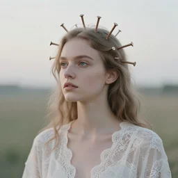 nails sticking out of a stupid head, in style of paolo roversi, britt marling style 3 / 4, a beautiful ethereal lace white robe, 8 k, soft focus, soft light, volumetric lighting, highly detailed realistic, refined, highly detailed, natural outdoor soft pastel lighting colors scheme