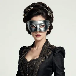 portrait of a woman wearing a mask, hoster from westworld, elegant, fancy clothing, hair ornaments, highly detailed, full - color, beautiful, mesmerizing, concept art, artstation, trending, by hideyuki morioka, akio watanabe, ito ogure, vofan, greg rutkowski, victo ngai, artgerm
