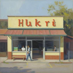 an oil painting of a hawker centre