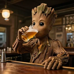 groot at a bar, drinking beer