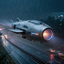 realistic futuristic time machine at night in the rain flying over the highway
