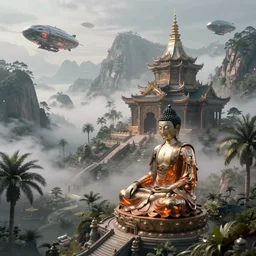 cinematic establishing shot, high detail digital painting a detailed buddhist temple on a misty mountain, a single sitting cyborg buddha with an intricated metallic orange robe, sci fi high detailed valley with palm trees, high camera angle, mystic atmosphere, a detailed metallic temple on a misty mountain, shiny metallic airships with reflections, volumetric fog, perspective painting, atmospheric shot, unreal engine, maya