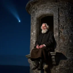 portrait of an old man sitting in a stone watchtower next to a window, night sky through window, polaris, the north star, 8 k, trending on artstation, artgerm, ultra detailed, portrait, greg rutkowski, by hieronymus bosch,