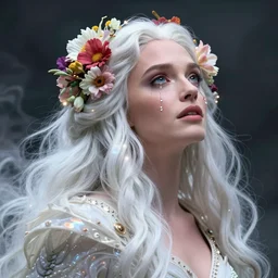 gal gadot, a colorful and vibrant majestic white queen open wide eyes drops a tear with flowers on her hair, glowing light orbs, intricate concept art, elegant, digital painting, smooth, sharp focus, ethereal opalescent mist, outrun, vaporware, cyberpunk darksynth, ethereal, ominous, misty, 8 k, by ruan jia and miho hirano, 8 k, rendered in octane