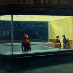1942 oil on canvas painting by Edward Hopper that portrays Spiderman in a downtown diner late at night as viewed through the diner's large glass window. The light coming from the diner illuminates a darkened and deserted urban streetscape.