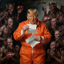 donald trump wearing an orange jumpsuit and looking terrified, eating handfuls of classified documents, while small demons and impossible creatures surround him, some of them pecking out his liver, in the style of hieronymus bosch, very realistic, oil on wood, egg tempera