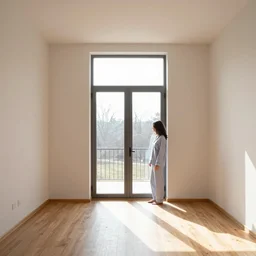 person in pyjamas standing near window, sun rays, daylight, big french door window, big spatious room, 2 4 mm, walls left and right, window at the center, wooden floor, modern, pastel palette, winter sun, photorealistic, high ceiling