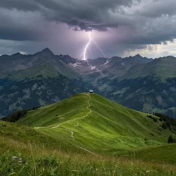 realistic view from a mountaintop, high mountains, green meadow, alps, pyranees, digital painting, 4 k, wallpaper, realistic lightning