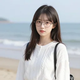 a beautiful and cute young asian woman with round glasses wearing white trendy clothes standing on a beach, bokeh, highly detailed, intricate