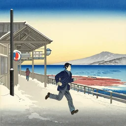enoden running in the snow near shonan kaigan koen station, ukiyoe, intricate,