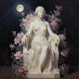 oil naive painting sculpture of a white woman seated on a throne in flowers at night art by yumingli, soft beige pink purple, moonlight, dark shadows, gumroad, artstation, black background