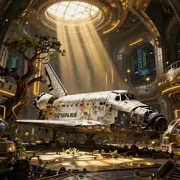 abandoned wrecked space shuttle in the interior of an ancient abandoned sci - fi factory an old oak tree grows from the floor golden rays of sunlight enter through the window gold neon lights digital art trending artstation
