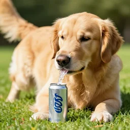 A golden retriever popping open a can of sparkling water on a hot day