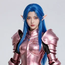 a beautiful and highly detailed digital portrait of a dignified female elven paladin with blue hair in rose gold armor by jia ruan, clint cearley, and karol bak, centered, artsation contest winner, cgsociety, fantasy art, cryengine, concept art, photorealism, daz 3 d, sketchfab, zbrush, vray