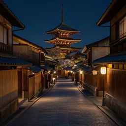 Medieval Kyoto street at night landscape, 8K, trending on artstation, golden ratio, low key, pleasant composition, by Jean Giraud