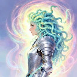 side profile, medusa, paladin armor, gloomhaven, luminescent, colorful swirly magic ripples, pastel colors, by greg manchess, huang guangjian, gil elvgren, sachin teng, greg rutkowski, jesper ejsing, ilya kuvshinov