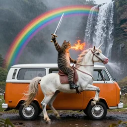 a picture airbrused on the side of a 1 9 7 0 s van of a cat breathing fire and holding a sword above its head while riding a unicorn. the unicorn is vomiting rainbows. there is a waterfall in the background.