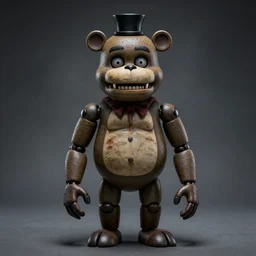a realistic horror photo of Freddy Fazbear by Simon Stalenhag, studio photography, dark grey background, softly backlit, gentle smoke effect.