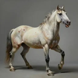 a perfect hyperrealist painting of a human horse hybrid chimera with tumours all over its bloated swollen blasphemous body. screaming and panic. fine art, gallery lighting, solemn, and exquisite