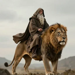 hooded wise old man ( long white beard wearing a brown tunic ), riding majestically, on a beautiful lion's back, epic digital art, cinematic, trending on artstation, superb detail 8 k, wide - angle, masterpiece