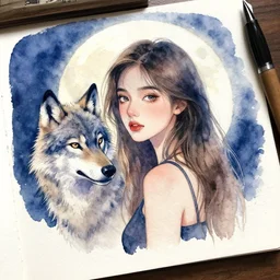 tumblr watercolor painting of a beautiful girl with a wolf and moon in the background