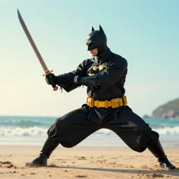 batman performing kalaripayattu holding a sword on a beach, cinematic, color graded, volumetric lighting, octane render, ultra realistic