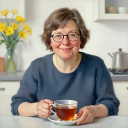 portrait of a beautiful finnish 4 0 - year old woman sitting in a table with a hot cup of tea, small wide smile, mandel eyes, glasses, small plump lips, oval face, wrinkled big cheeks, brown and grey short hair, calming white background of a kitchen with yellow flowers, cheerful colours, oil painting, sharp focus, artstyle of michelangelo