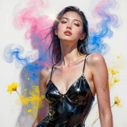 3 d, pink and blue smoke, sun rays, confident glory fashion model, sweat skin, glare, liquid black metal, yellow flowers, poster art, high detail, intricate oil painting, multiple exposure, white mood, hyperrealism, 3 d, by tooth wu and wlop and beeple and greg rutkowski