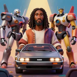 stylish 3 d vfx - portrait - movie poster - art of an african jesus in a delorean surrounded by mecha robots, art style by james jean & hsiao - ron cheng, unreal engine render, digital illustration, sharp, intricate detail, volumetric lighting, ray tracing, soft light, colourful, claymation style, philippe bouchet, symmetry, ernie barnes style, acrylic