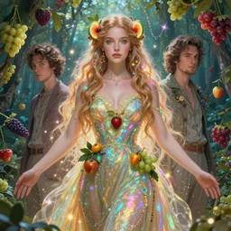 fruits goddess ; by james jean, charlie bowater, tom bagshaw : : enchanting, colorful, magical, glowing, sparkle, nature, iridescent portrait, character design, illustration, hyperrealism, photorealism, digital art, concept art, fantasy, whimsy, weta, wlop, artstation, epic