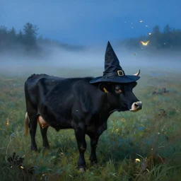 a detailed matte landscape painting of a cow standing in a grassy field wearing a witch hat, cow wearing hat!!!! viewed in profile, fog and flying glowing moths in the background, ultrawide lens, aerial photography, black and blue color scheme with gold highlights, art by paul kidby, 8 k, octane render