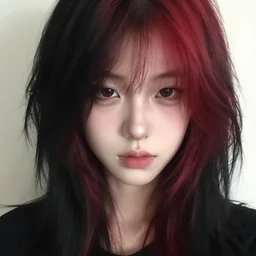 ! dream a pale emo girl, black and red hair, soft facial features, looking directly at the camera, neutral expression, instagram picture
