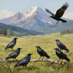 crows in a field, mountains, detailed painting 4 k hd realistic digital painting artstation by paul bonner by aarons slim by cordal isaac by barker cicely mary