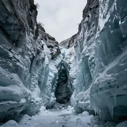 a ice canyon. overcast sky, hyper realistic, 8 k.