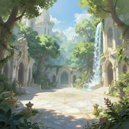 A wide open courtyard in a beautiful elven city made of marble, dreamy, lush trees, waterfall , a fantasy digital painting by Greg Rutkowski and James Gurney, trending on Artstation, highly detailed