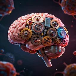 a digital brain with electronic devices in the shape of cogs, artistic, contrast, dramatic lighting, intricate details, vivid colors, artstation, organic cells in background