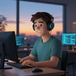 friendly avatar computer programmer working late at night sunset outside window headphones terminal