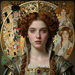 beautiful young medieval queen by jean delville, iris van herpen, raymond swanland, craig mullins, gustav klimt, and alphonse mucha, face centered portrait, hyperdetailed realistic smooth polished porcelain, art nouveau, ornate gothic icon with heavy patina, ultrasharp hyperdetailed photorealistic octane render