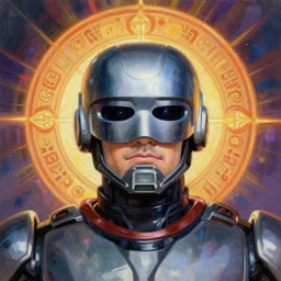 portrait of peter weller as robocop by mandy jurgens, cartoon, oil painting, visionary art, symmetric, magick symbols, holy halo, dramatic ambient lighting, high detail, vibrant colors,