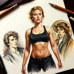 muscular scarlett johansson lift. car overhead. pencil and ink by artgerm, cushart krenz, greg rutkowski and alphonse mucha. dramatic lighting