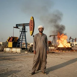 portrait photograph fashion editorial in Kuwait oil fields fire. 1991. wide angle shot. highly detailed. depth of field. high definition. 8k. photography.
