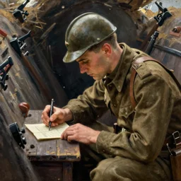 a beautiful painting of a soldier writing a letter to home, in the trench, wwii, cuno amiet