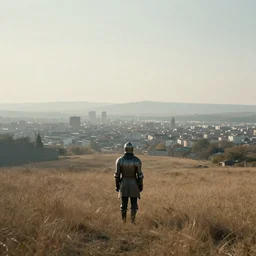 a knight that is lost in the middle of nowhere, a city is seen but is far away from him