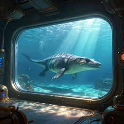 underwater base with a large viewing window that looks out at a mosasaur, steam punk, raytraced shadows, bloom, octane render