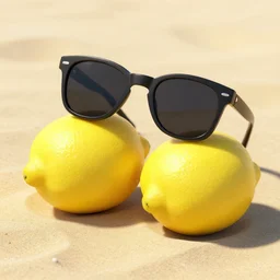 2 lemons at the beach wearing sunglasses