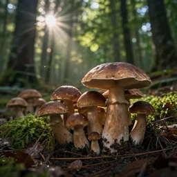 photo of the forest, the sun through the foliage, a lot of porcini mushrooms, cinematic lighting, highly detailed
