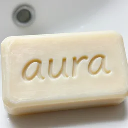few thin hairs organized to write the word aura on a cake of soap in the bathroom