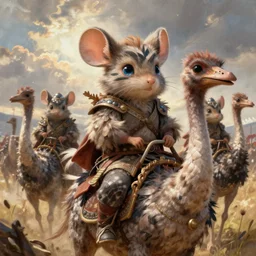 dungeons and dragons fantasy painting, portrait, feathered mouse cavalry, mice warrior riders, ostrich mounts, whimsical and cute, mongol mouse, hun, determined expressions, watery eyes, anime inspired by krenz cushart, face paint, tufty whiskers, in the steppes, feathered cavalry, by brain froud jessica rossier and greg rutkowski