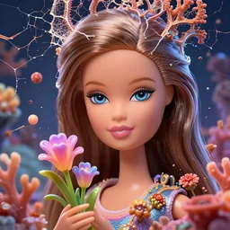 face closeup of beautiful girl look like a barbi doll, exploding into coral reef and voronoi fractures, 3 d render, hyper realistic detailed portrait, holding magic flowers, ruan jia, wlop. scifi, fantasy, hyper detailed, octane render, concept art, by peter mohrbacher, by wlop, by ruan jia